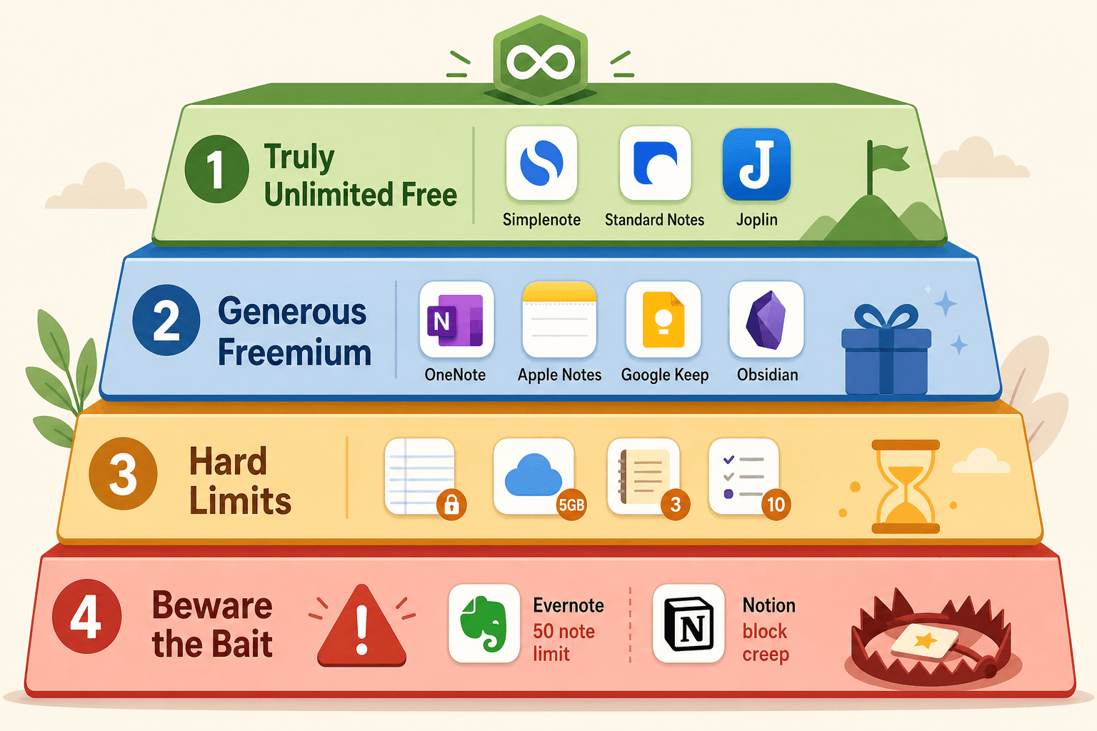 A flat vector illustration showing four vertical tier levels stacked like a staircase. The top tier is green with app icons for Simplenote, Standard Notes, and Joplin. The second tier is blue with icons for OneNote, Apple Notes, Google Keep, and Obsidian. The third tier is amber with small capped icons. The bottom tier is red with a warning symbol and icons representing Evernote's 50-note limit and Notion's block creep.