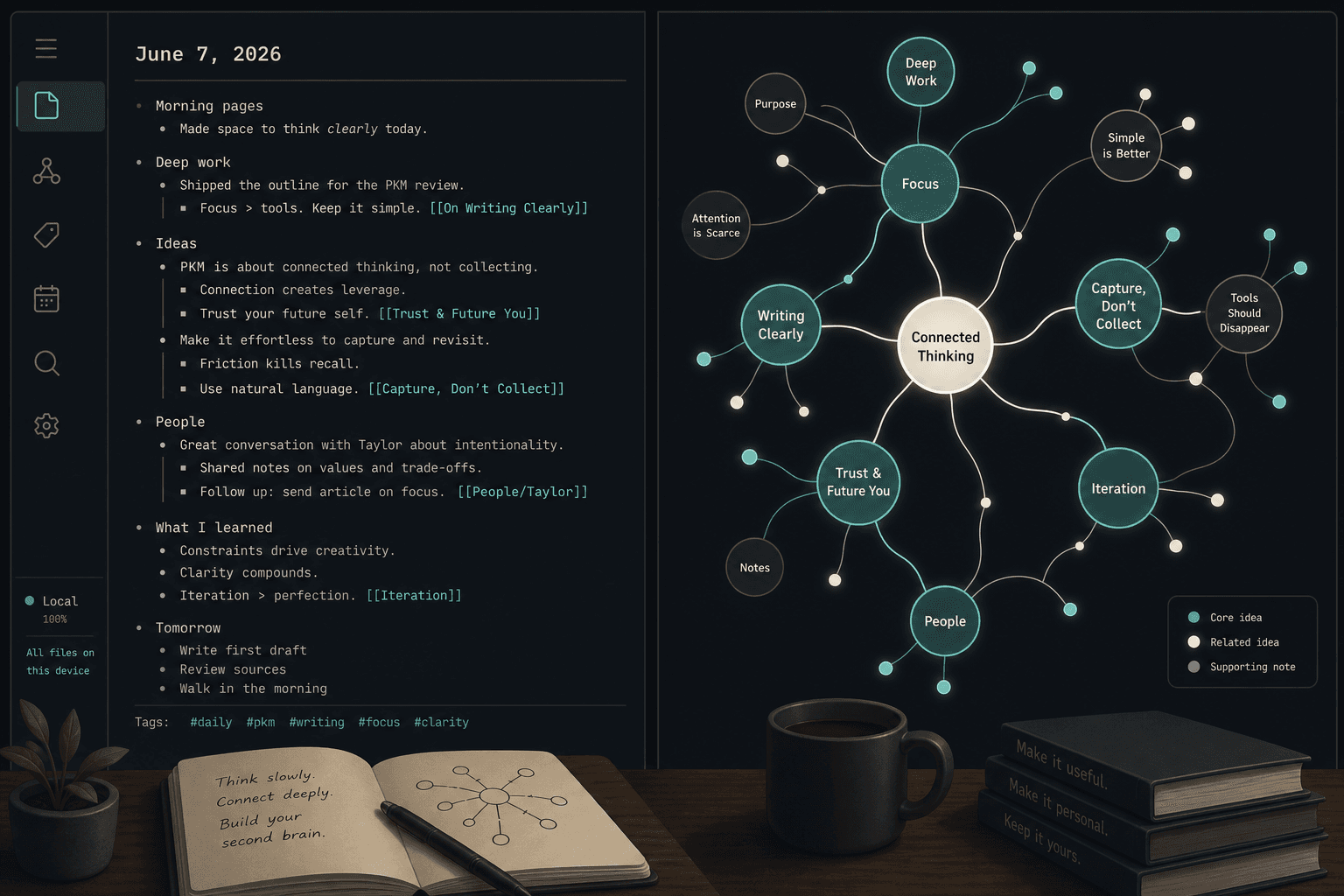 Dark-mode split-panel desktop illustration showing a Logseq-style daily journal entry on the left with teal-highlighted block links, and an interactive knowledge graph of glowing nodes on the right.