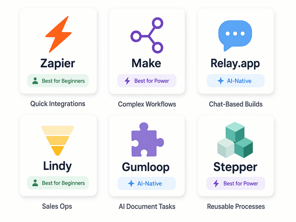 A 2x3 grid decision matrix with six abstract icon cards representing no-code automation tools, each with color-coded badges indicating best fit for beginners, power users, or AI-native workflows.