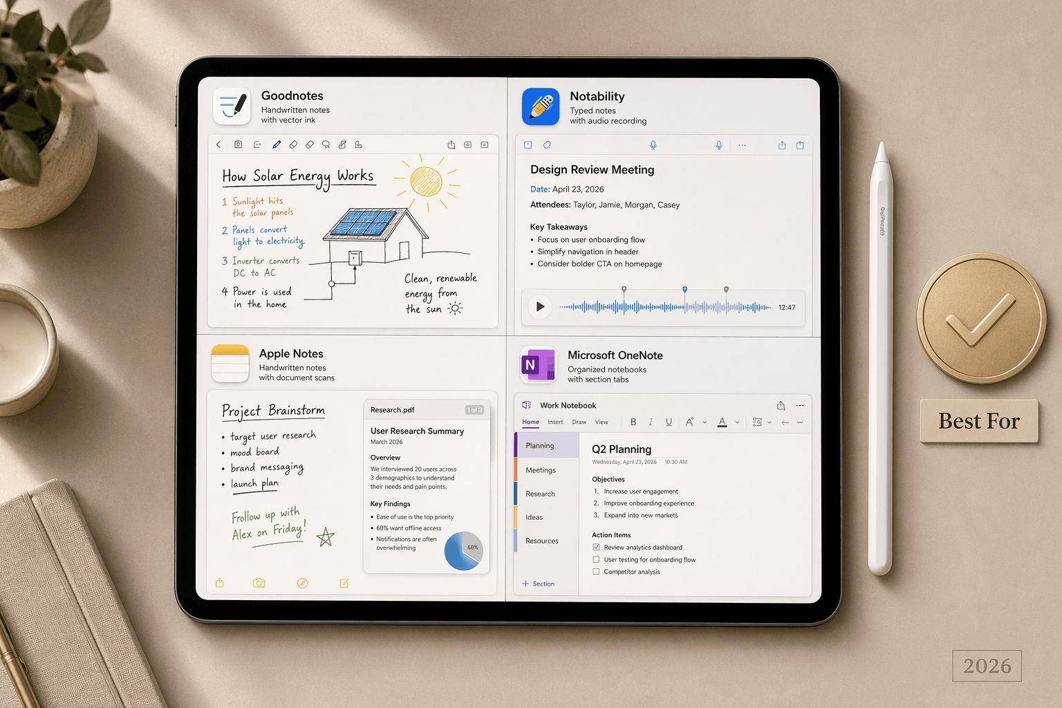 An iPad Pro on a flat surface showing a split-screen grid of four note-taking apps: Goodnotes, Notability, Apple Notes, and OneNote. An Apple Pencil rests beside the device. Small app icon badges, a gold checkmark badge, and a 'Best For' tag are visible near the iPad. A '2026' label appears in the corner.