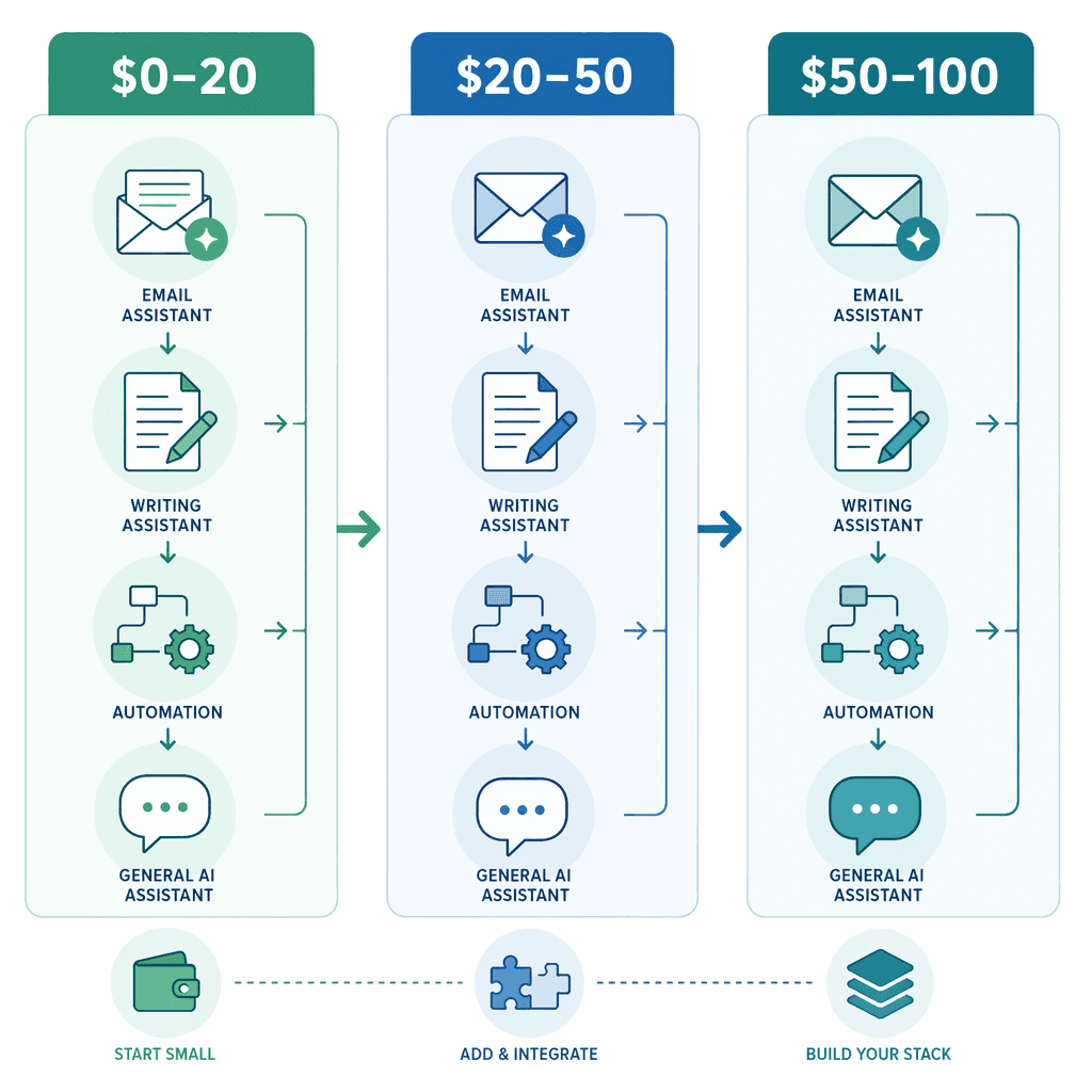 A three-column editorial graphic showing budget tiers for AI productivity tools: $0-20, $20-50, and $50-100, with tool icons arranged by complexity.