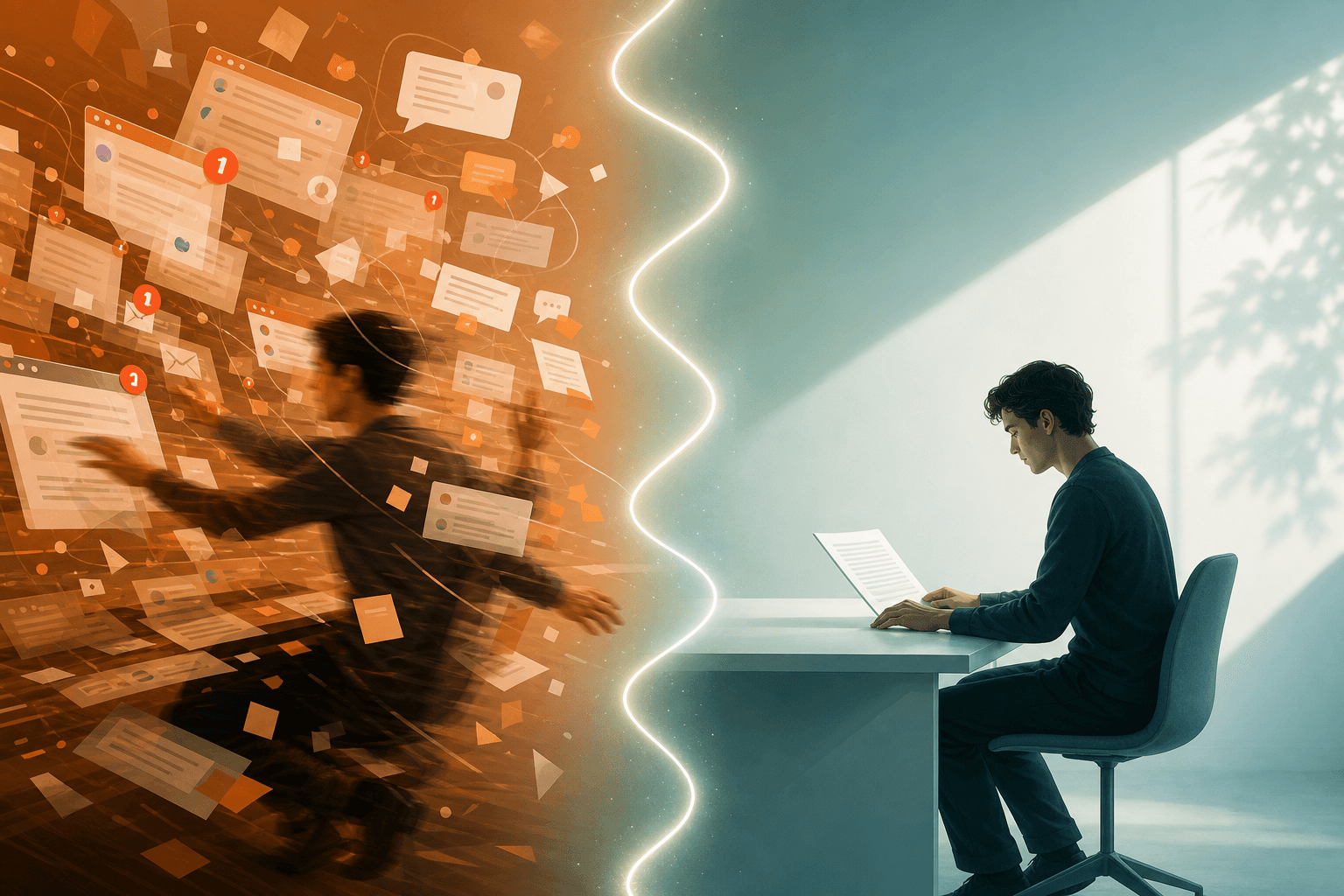 Split-panel illustration contrasting a fragmented, distraction-filled workspace on the left with a calm, focused single-task workspace on the right, connected by a sine wave representing biological rhythm.