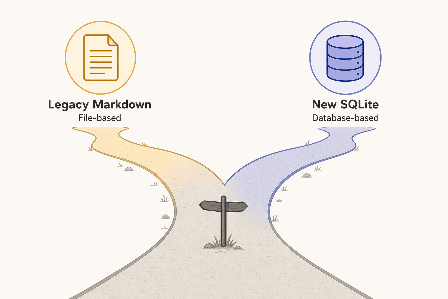 Flat editorial diagram showing a single path forking into two routes: one leading to a plain-text document icon in amber representing the legacy Markdown version, and one leading to a database cylinder in blue-purple representing the new SQLite DB version.