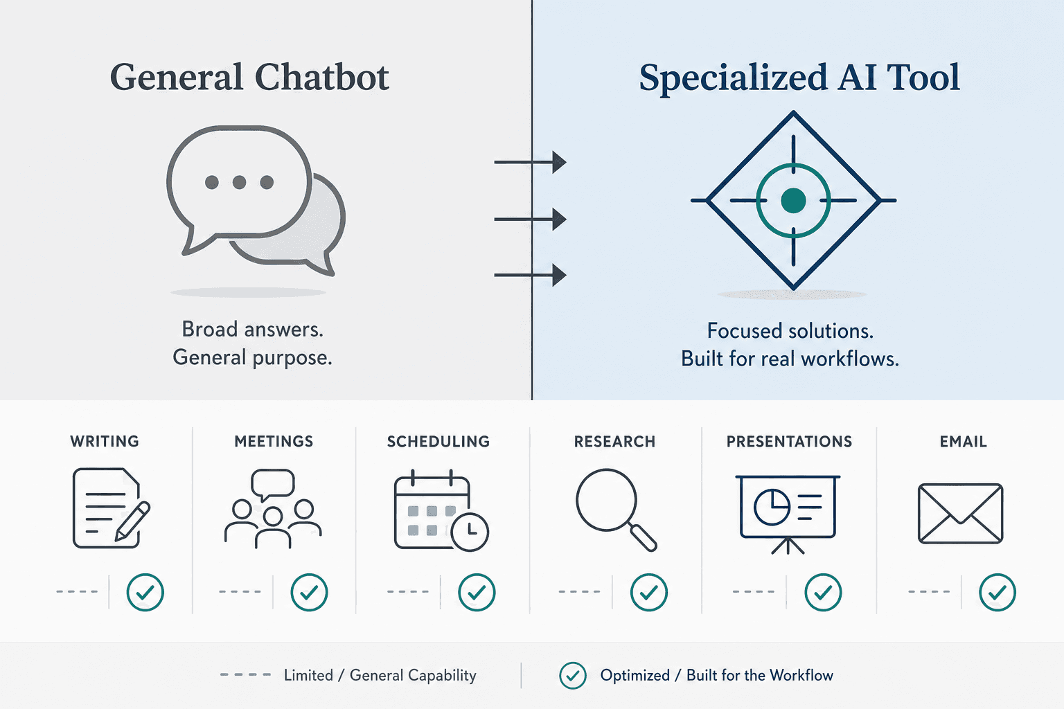 A two-column comparison visual with 'General Chatbot' on the left with a gray chat bubble icon and 'Specialized AI Tool' on the right with a blue geometric target icon, separated by a dividing line with arrows pointing right. Below, six small workflow category icons show checkmarks on the specialized side.