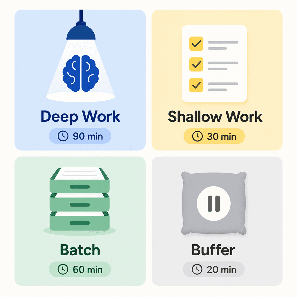 A 2x2 grid of four block type cards: Deep Work (blue, 90 min), Shallow Work (yellow, checklist), Batch (green, stacked items), and Buffer (gray, 30 min).