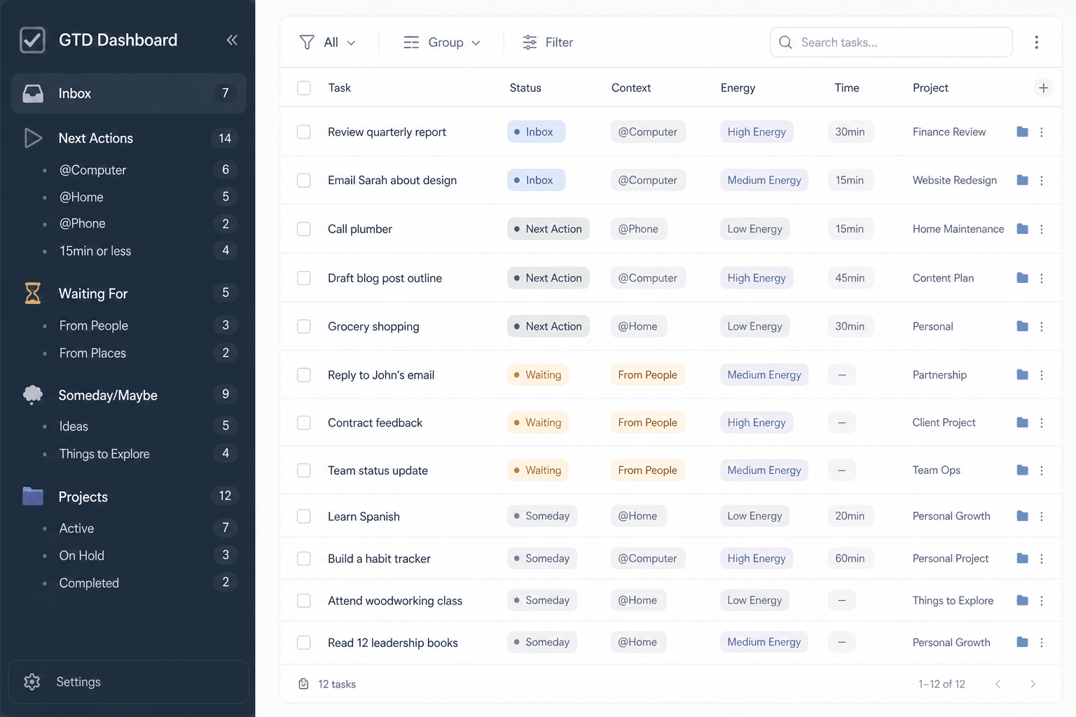 Split-panel illustration of a GTD workspace in Notion showing a dark sidebar with GTD pages and a filtered task database with colored status and context tags