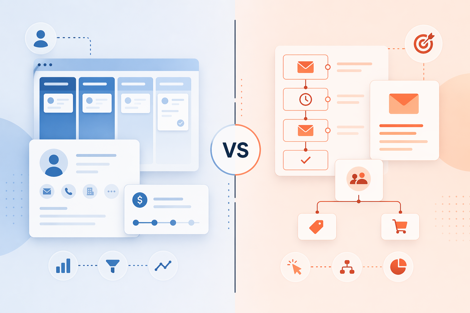 A minimalist split-composition editorial image with CRM represented on the left side in muted blue tones showing pipeline and contact profile abstract elements, and Marketing Automation on the right side in warm orange tones showing multi-step campaign flow abstract elements, separated by a central comparison divider line.