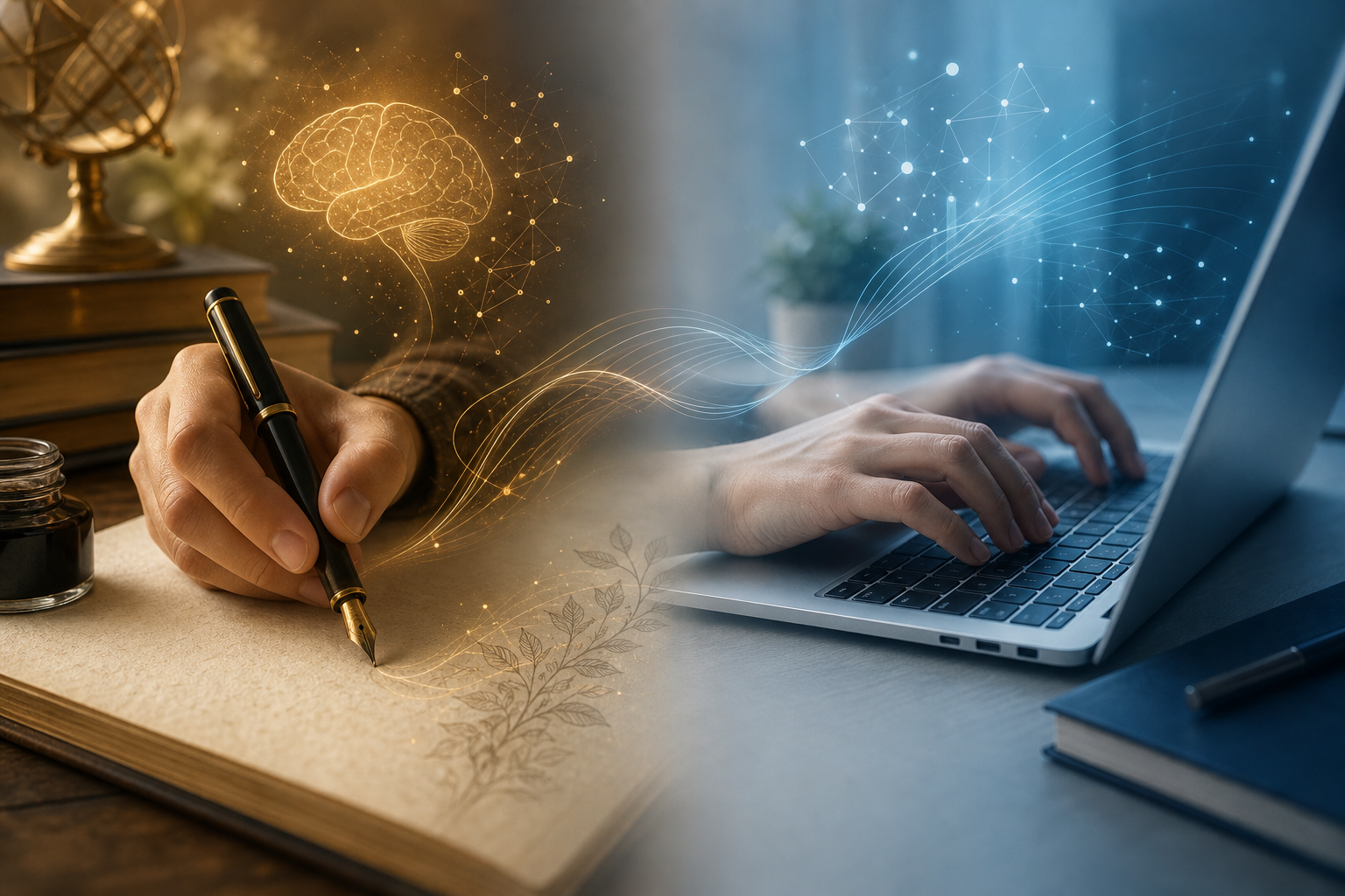 A split composition comparing handwriting and typing: left side shows a hand writing with a fountain pen on paper, right side shows fingers typing on a laptop keyboard, with a subtle flowing connection line between the two halves.