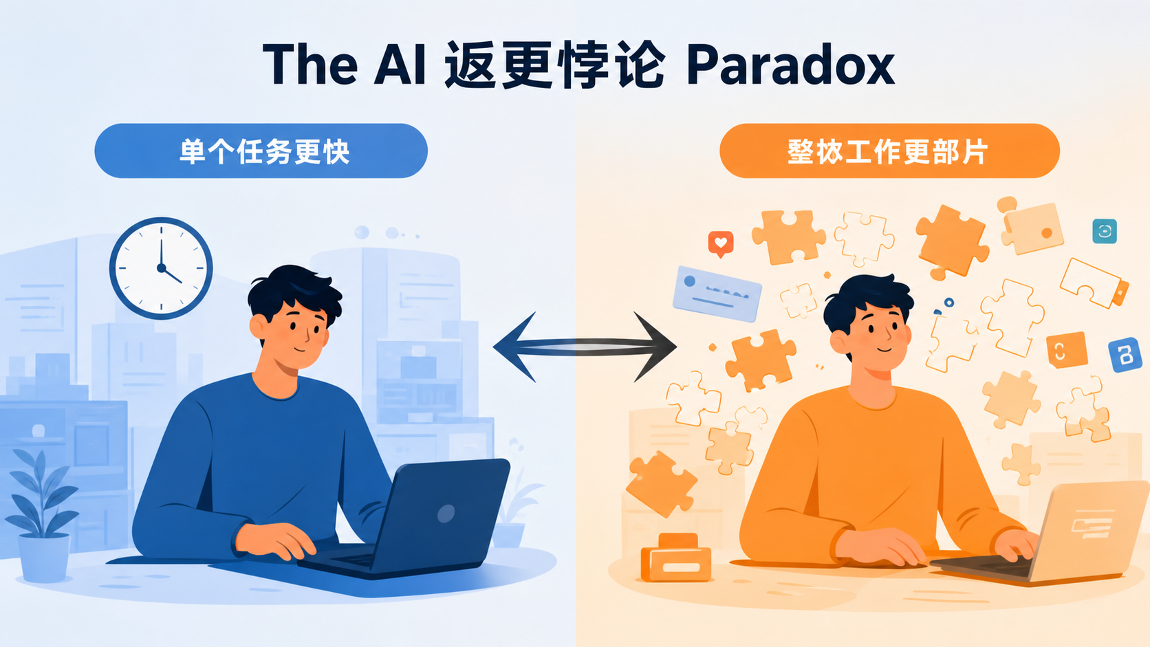 左侧蓝色区域显示单个任务更快,右侧琥珀色区域显示整体工作更碎片化