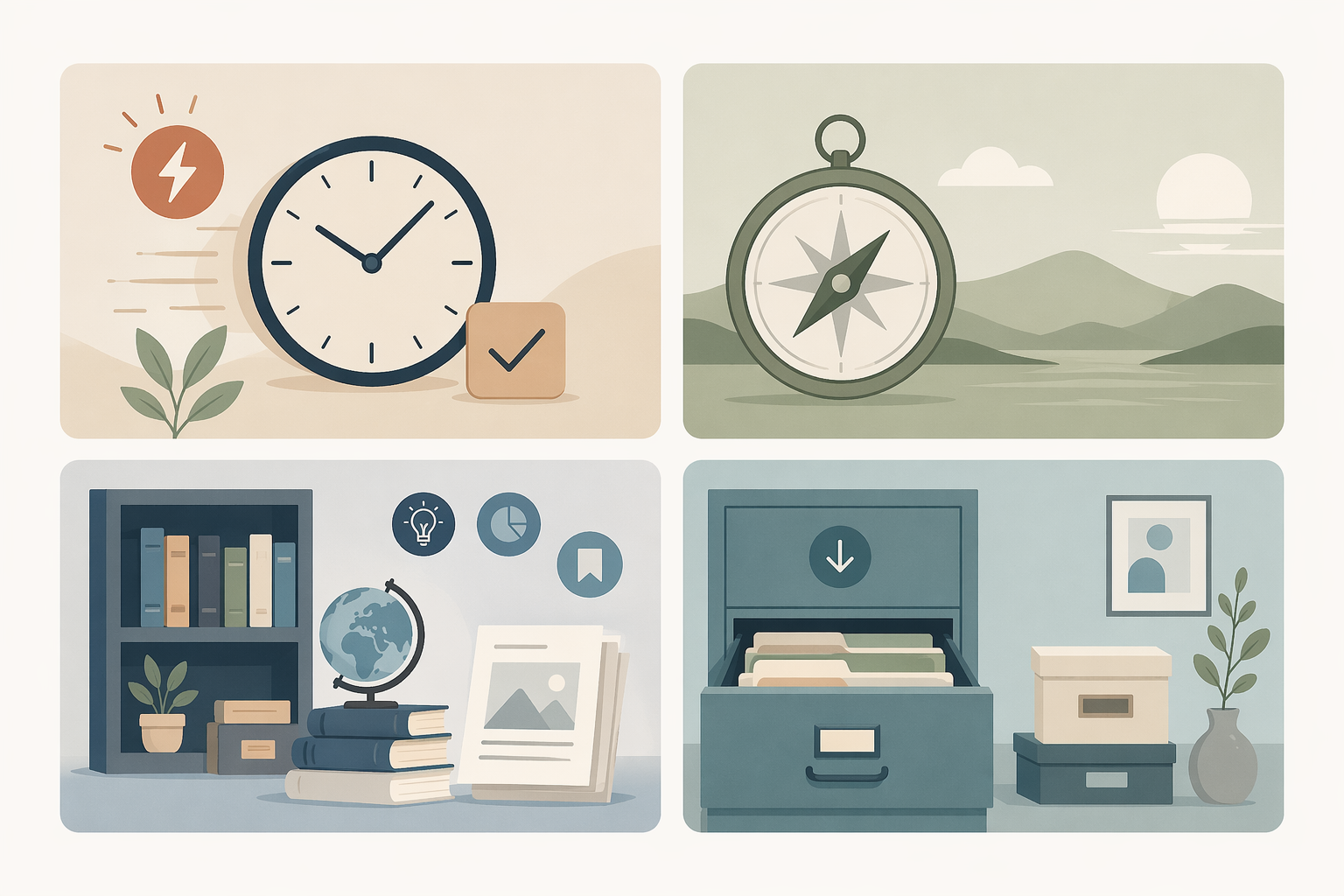 Four PARA boxes representing projects, areas, resources, and archives