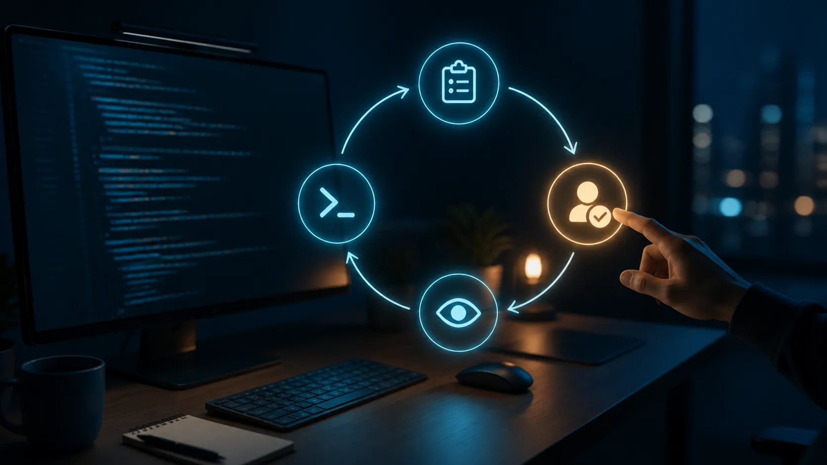 Developer workstation with a glowing autonomous plan execute observe iterate loop and a human review checkpoint