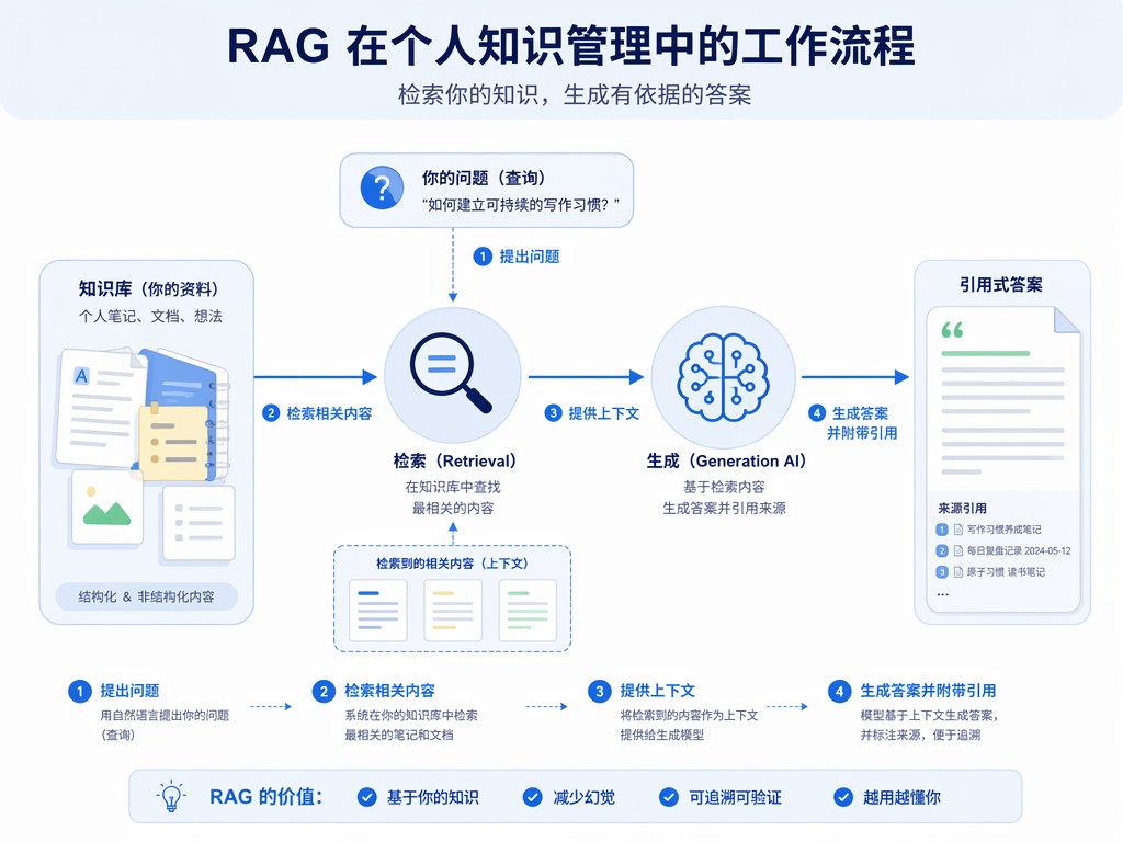 RAG在PKM中的工作流程图：个人知识库→检索→AI生成→引用式答案，展示从查询到带引用答案的完整流程