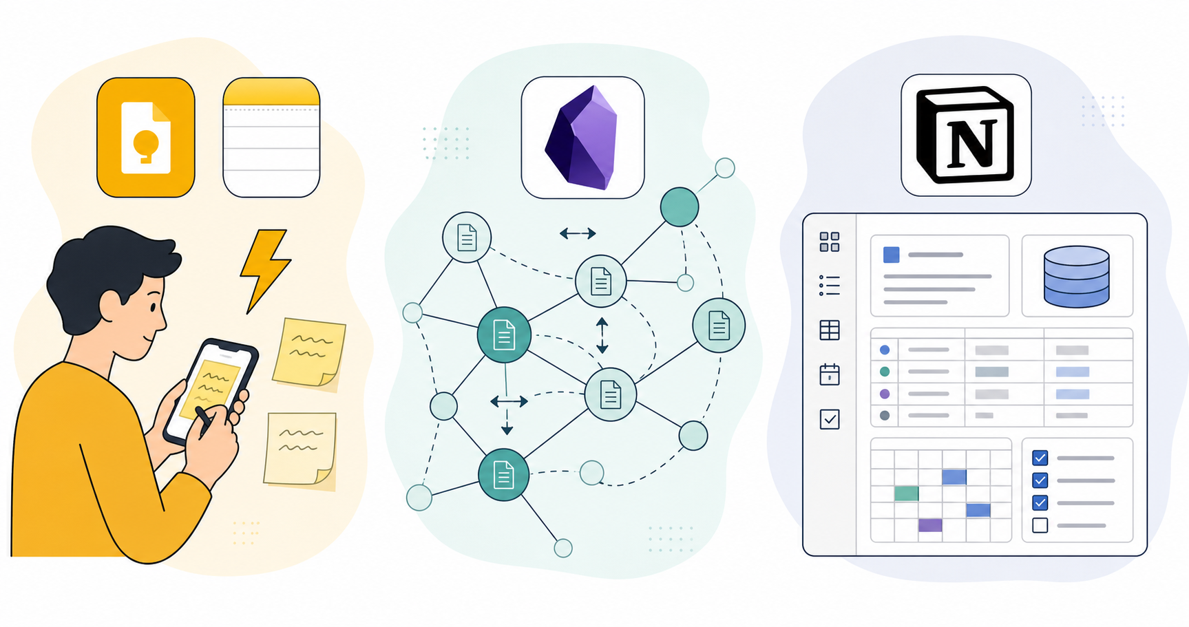 Three distinct visual zones from left to right: a capture-first zone with a phone, sticky notes, and lightning bolt icon; a connection-first zone with linked network nodes and bidirectional arrows; and an active workspace zone with a structured dashboard, databases, and calendar blocks, each with a soft color background in warm amber, cool teal, and muted navy