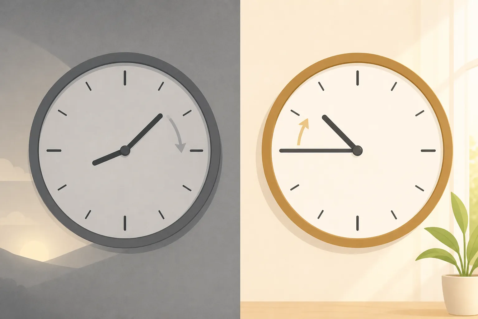 Two clock faces comparing spring forward with a dim shaded morning and fall back with a brighter unshaded face