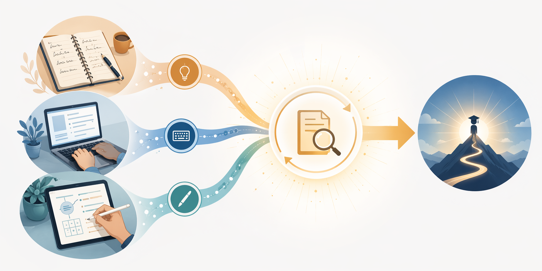 Conceptual flow from notebook, laptop, and tablet note-taking toward review and learning