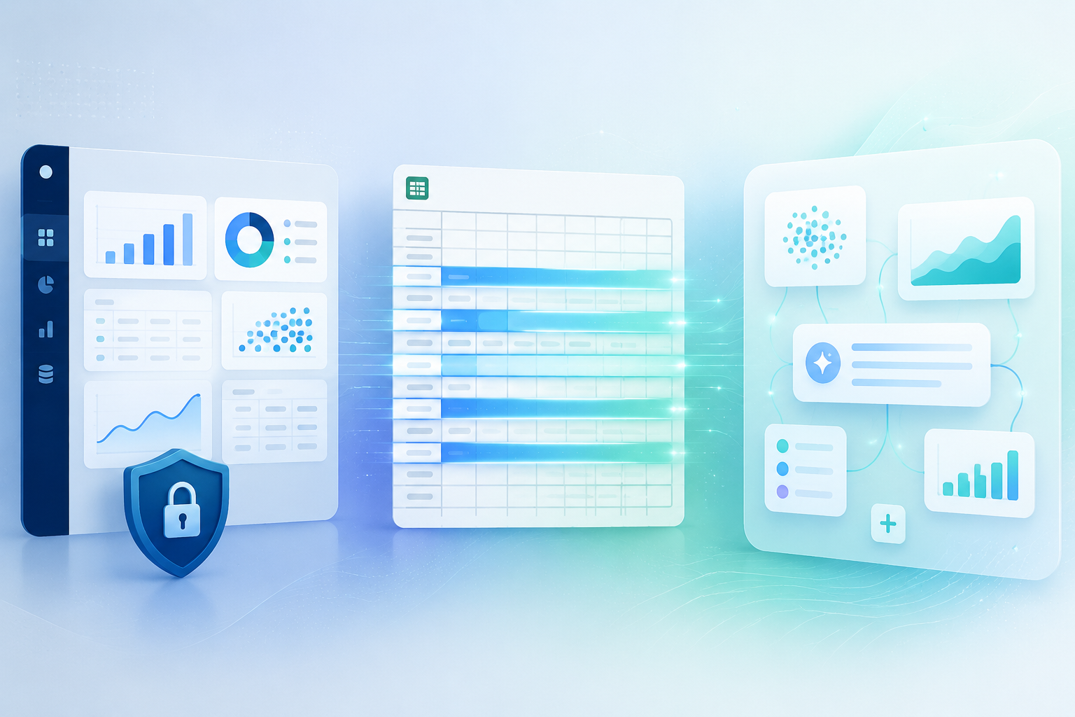 Three zones showing enterprise spreadsheet governance, rapid row processing, and an AI-native data workspace