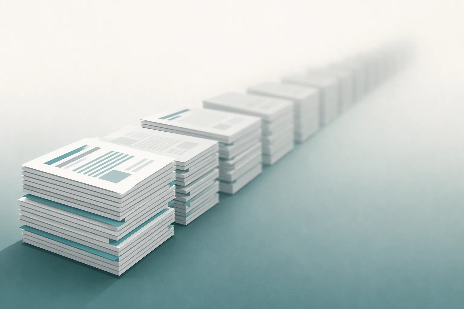 Long stack of documents fading into blur in the distance