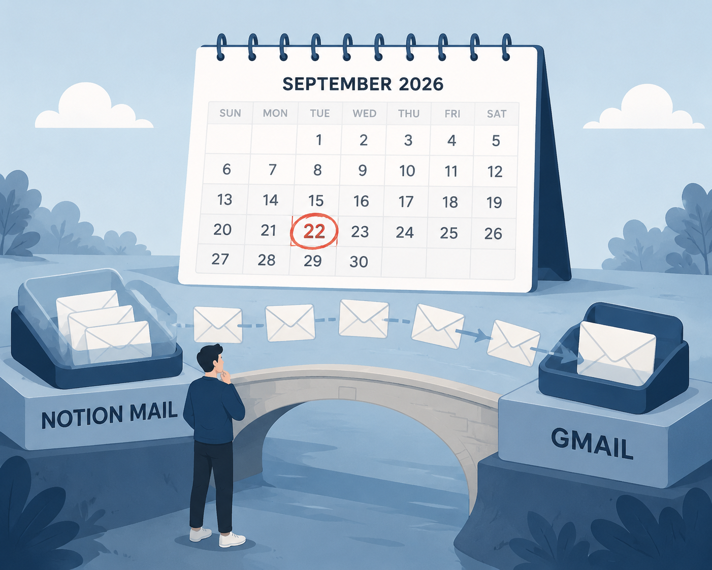 Calendar with September 22, 2026 circled as email moves from Notion Mail to Gmail