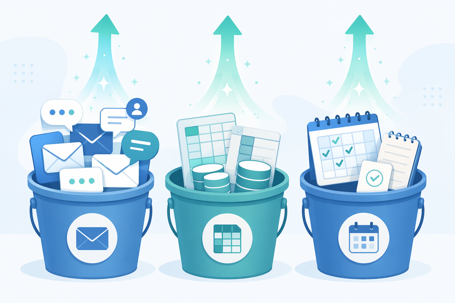 Three workflow buckets for communication overhead, manual data entry, and meeting follow-through