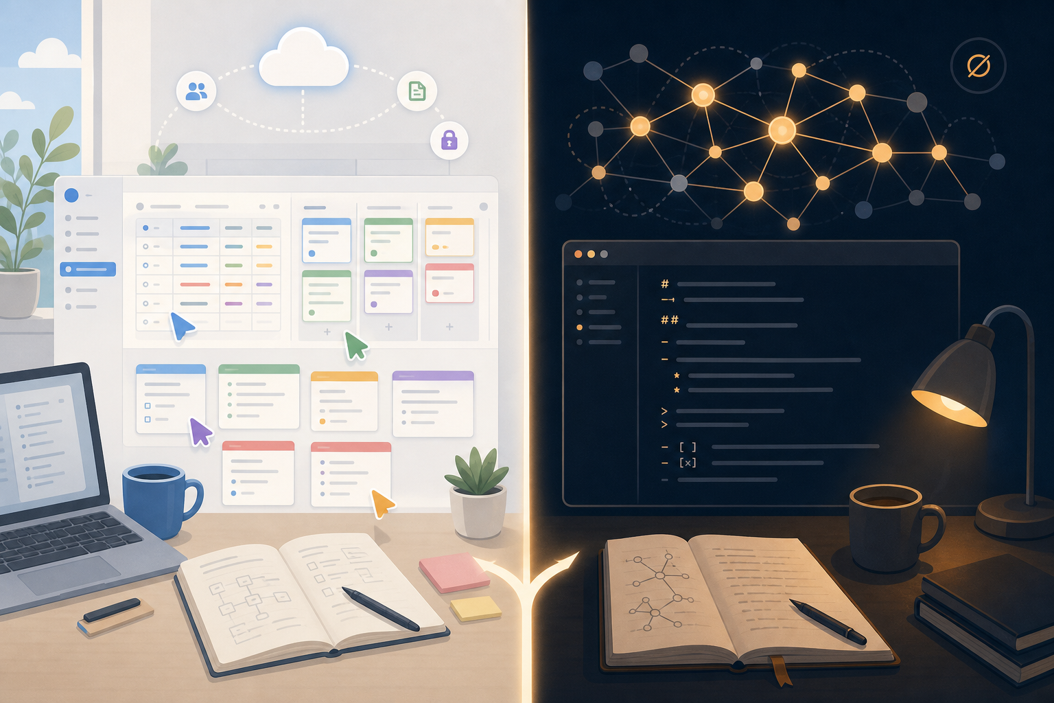 Split-screen illustration contrasting Notion's colorful collaborative workspace on the left with Obsidian's dark knowledge graph environment on the right