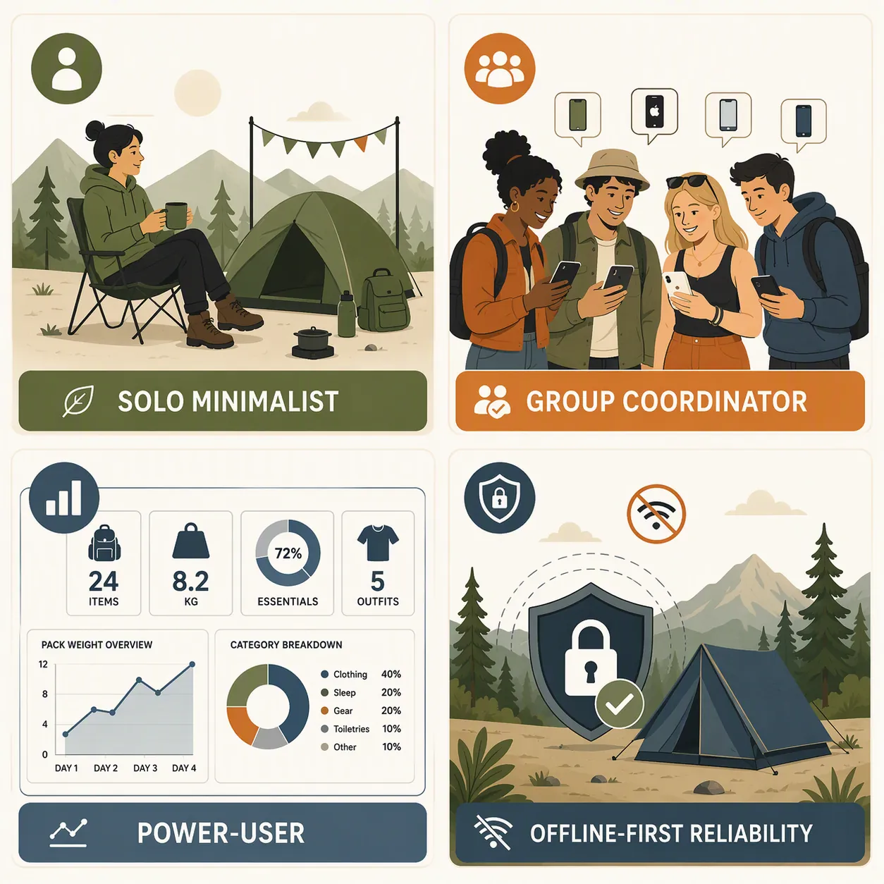 Four festival packing scenarios showing a solo minimalist, group coordinator, power-user dashboard, and offline-first reliability symbol