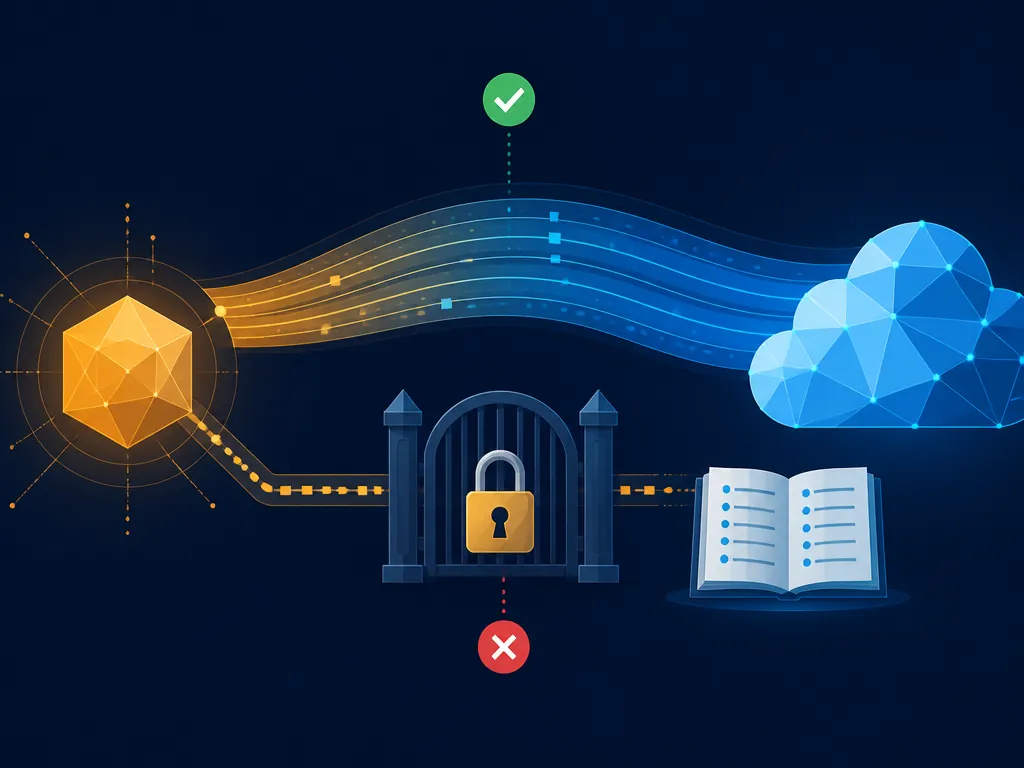 Parallel Salesforce data streams showing an approved path and a blocked write path beside an audit ledger
