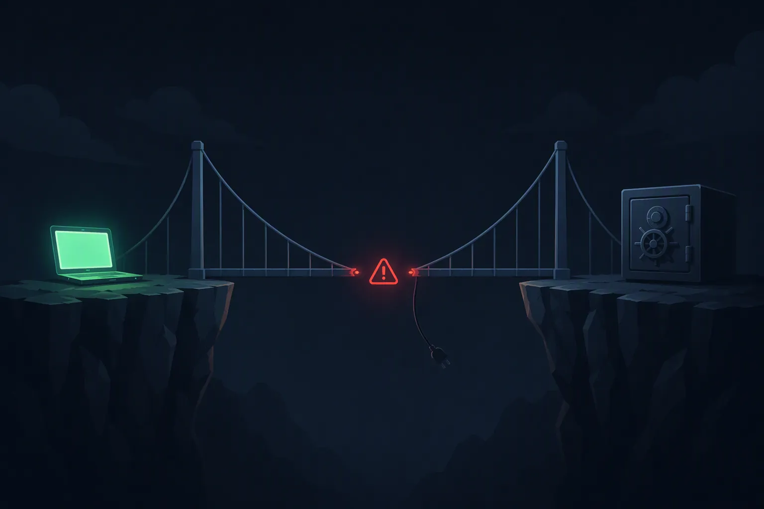 A fragile bridge between a running laptop and a disconnected vault icon