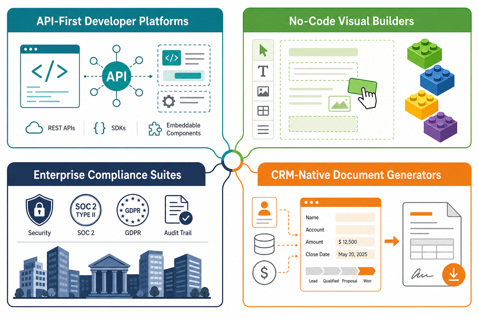 A 2x2 grid framework dividing document workflow automation tools into four categories: API-First, No-Code, Enterprise, and CRM-Native.