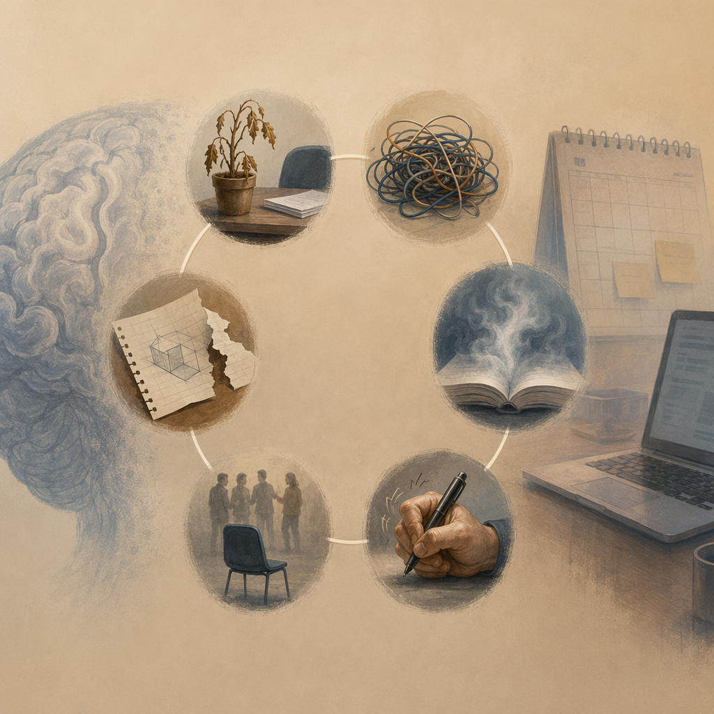 An editorial illustration showing six symbolic work and brain-health scenes connected in a circular flow.