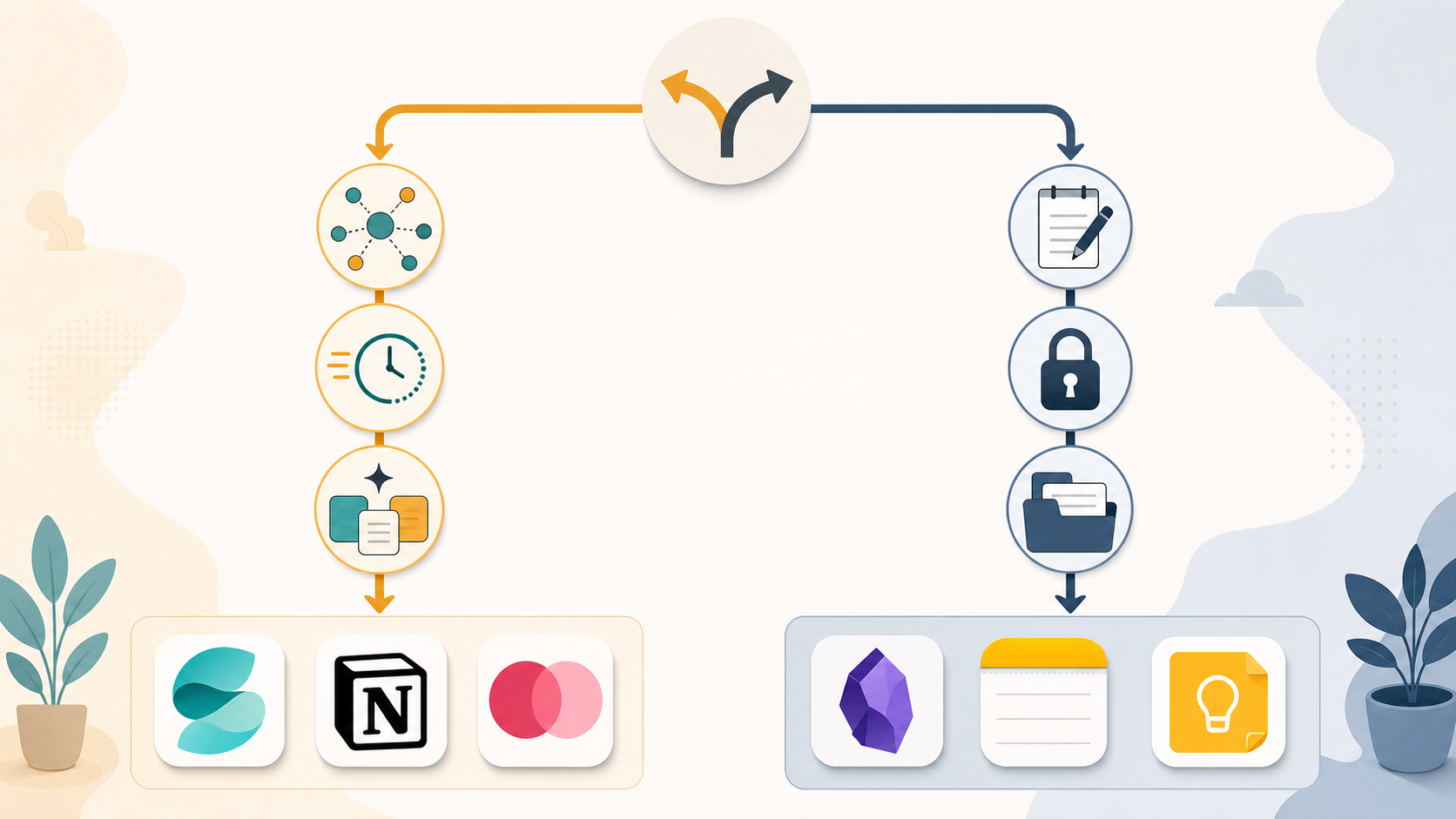 A two-path decision flowchart illustration: left path shows AI pays off with cross-project connection and synthesis icons pointing to Storyflow/Notion/Mem in warm amber and teal, right path shows AI wastes money with quick capture and privacy icons pointing to Obsidian/Apple Notes/Google Keep in cool slate and navy