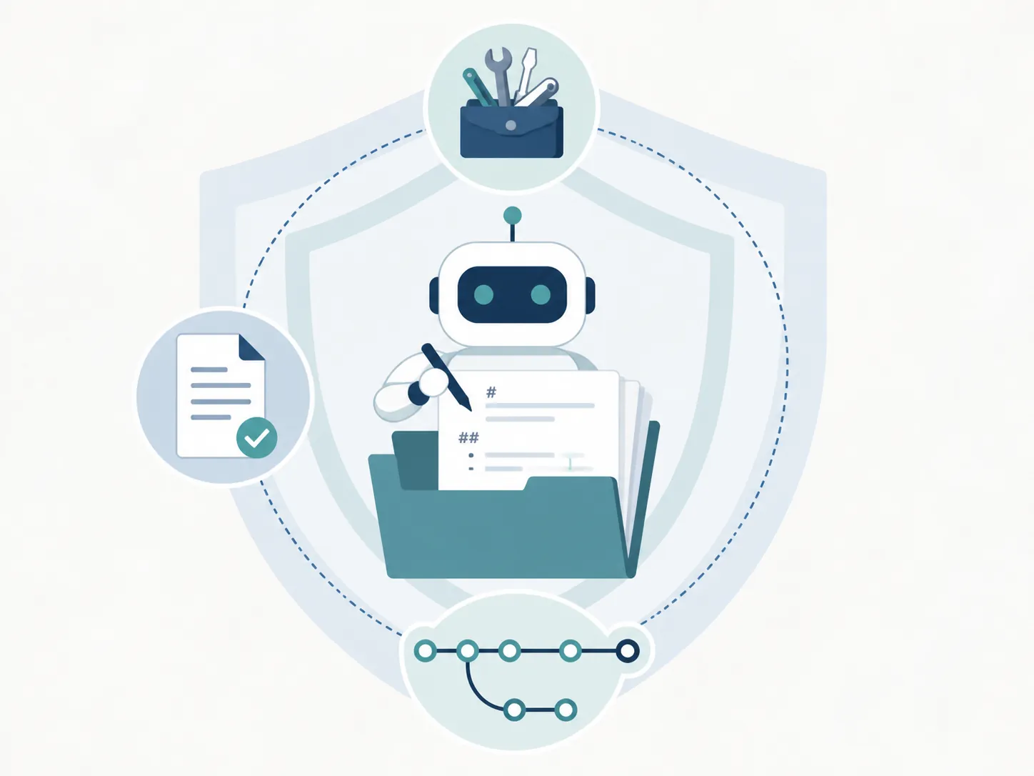 AI agent editing a Markdown file inside a protected folder with instructions, tools, and checkpoint nodes