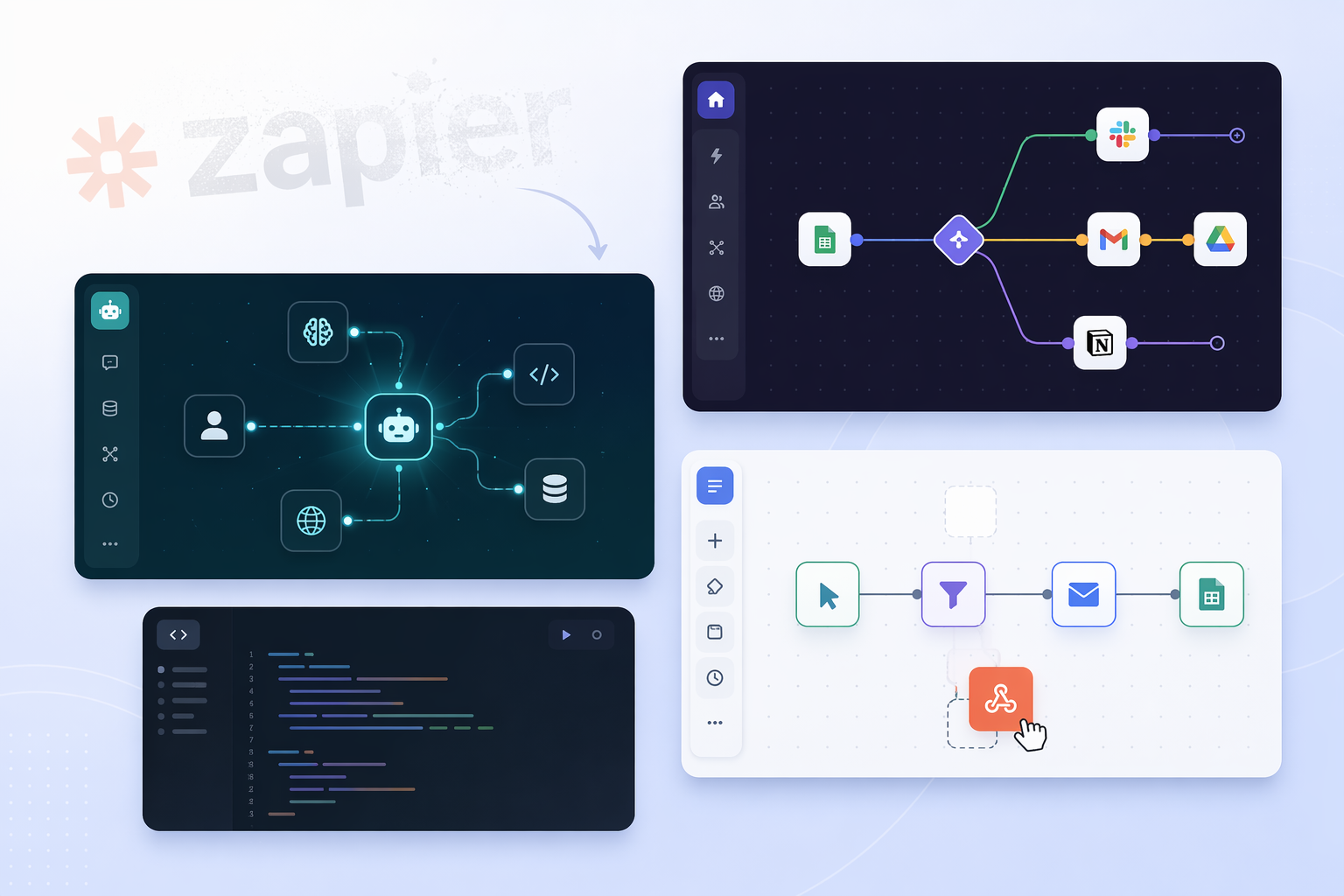Multiple workflow automation interfaces with branching flows, AI agent nodes, code editor, and drag-and-drop blocks, with Zapier faded in the background