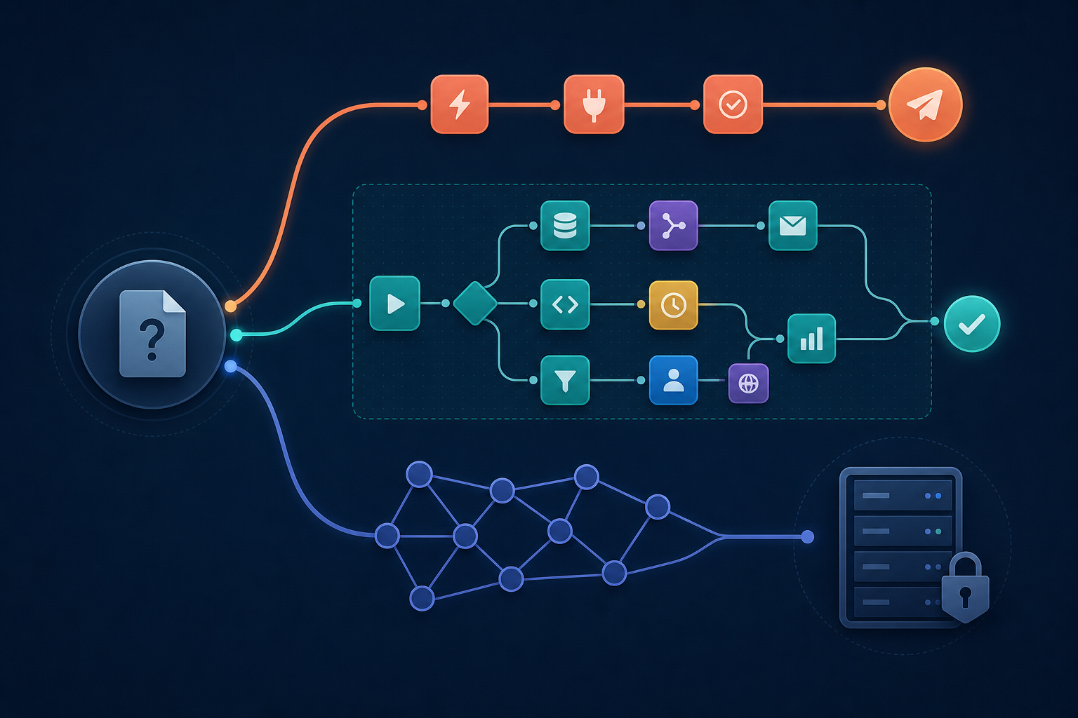 Three workflow automation paths branching from a single starting point: a simple straight line, a complex visual flowchart, and a node-graph merging into a server icon.