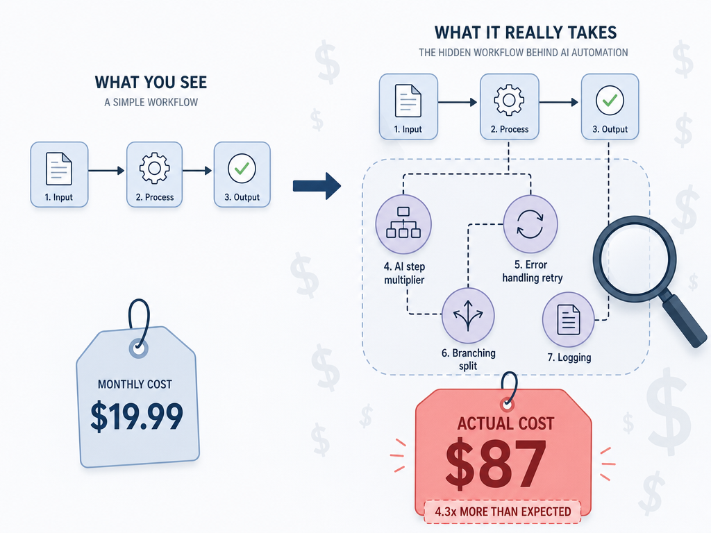 A flat editorial illustration showing the hidden cost trap in AI workflow automation. On the left, a simple three-node workflow with a '$19.99' price tag. An arrow leads to the right showing the same workflow expanded with five additional hidden nodes labeled 'AI step multiplier', 'error handling retry', 'branching split', and 'logging', with a larger '$87' price tag.
