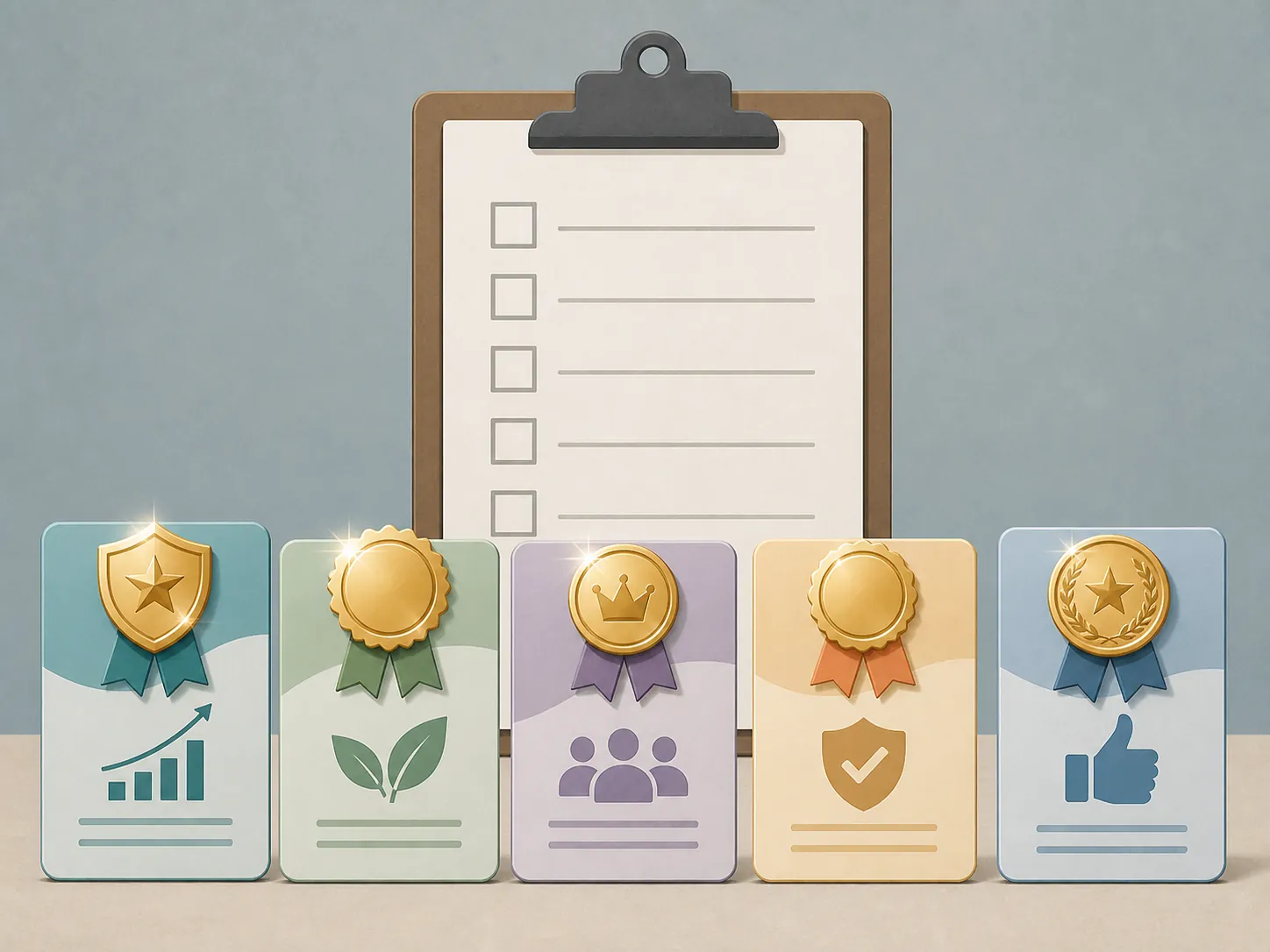 Glossy promotional claim cards contrasted with a plain checklist of unchecked evidence boxes