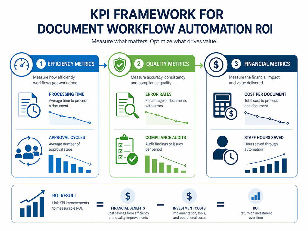 Editorial infographic with three connected columns labeled Efficiency Metrics, Quality Metrics, and Financial Metrics, each with simple icon representations on a clean white background with blue and green accent colors.