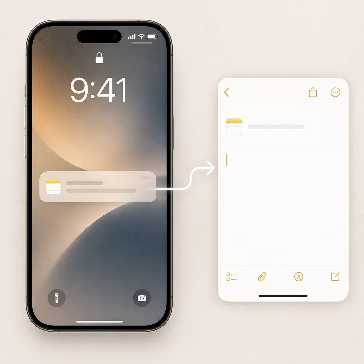 iPhone lock screen notification connected to a Notes capture flow