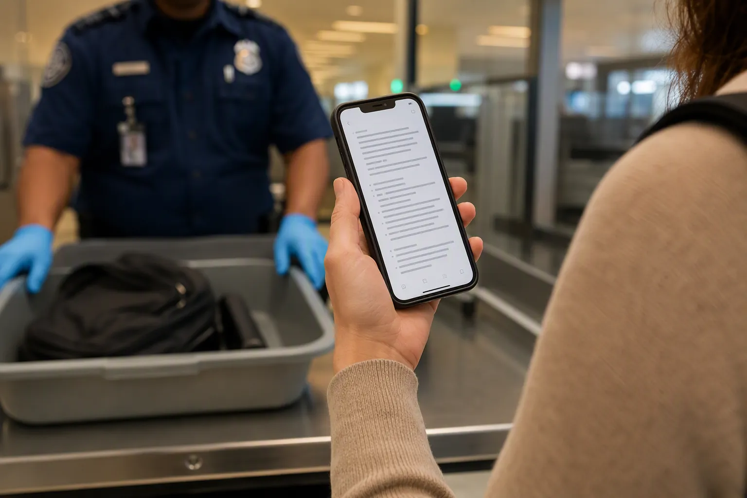 Traveler holding a smartphone with a notes app open at an airport security checkpoint