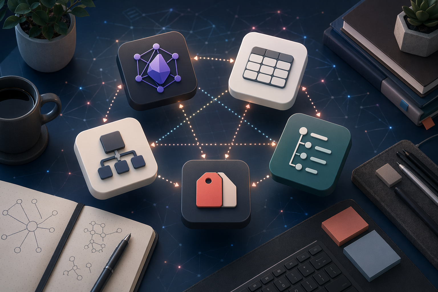 Isometric digital workspace flat-lay with five floating 3D-style PKM app cards connected by dotted glowing lines, set against a faint background knowledge graph neural network motif.