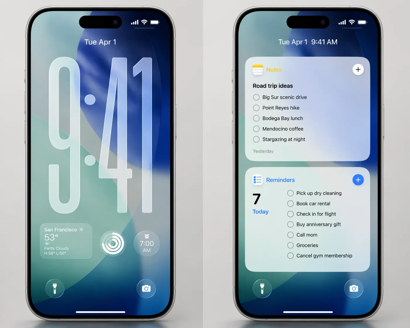 Side-by-side comparison of iOS 26 and iOS 27 lock screens showing the compact clock freeing room for larger widgets