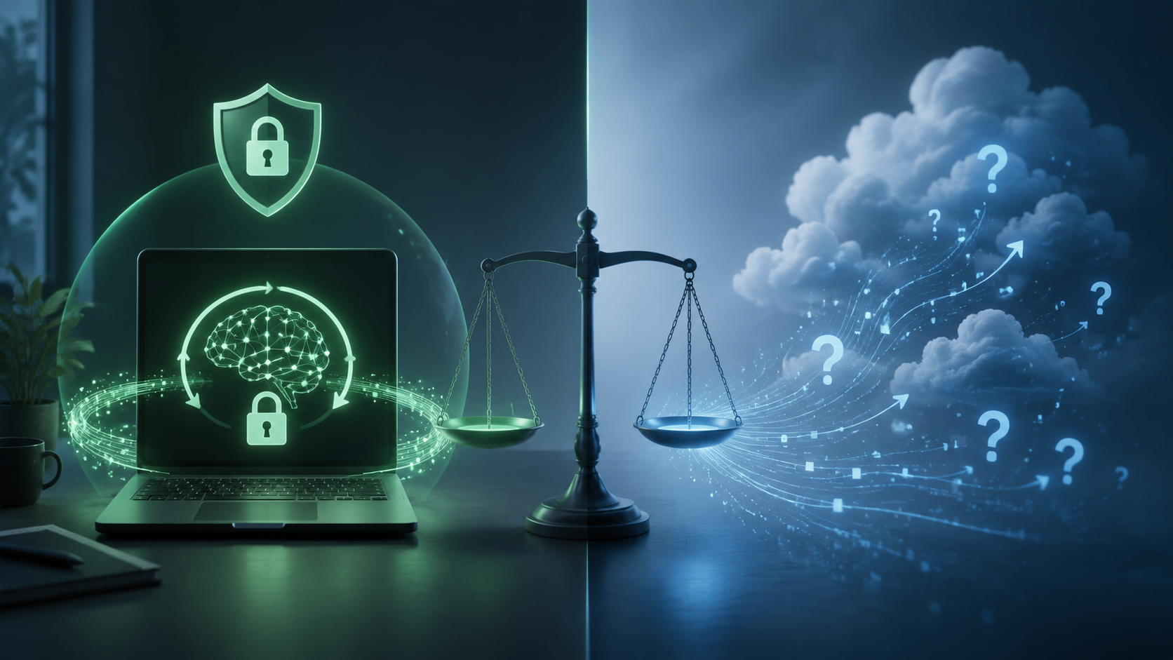 Secure local laptop workflow contrasted with uncertain cloud data sharing