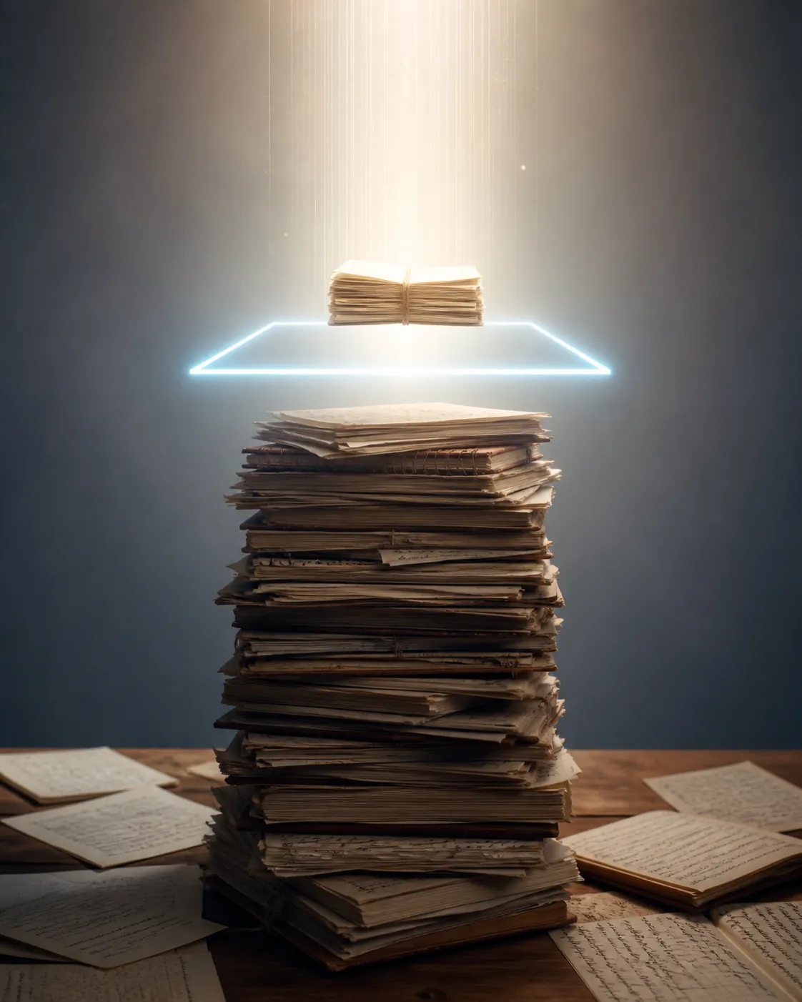 Stack of handwritten notebooks constrained by a limited context window