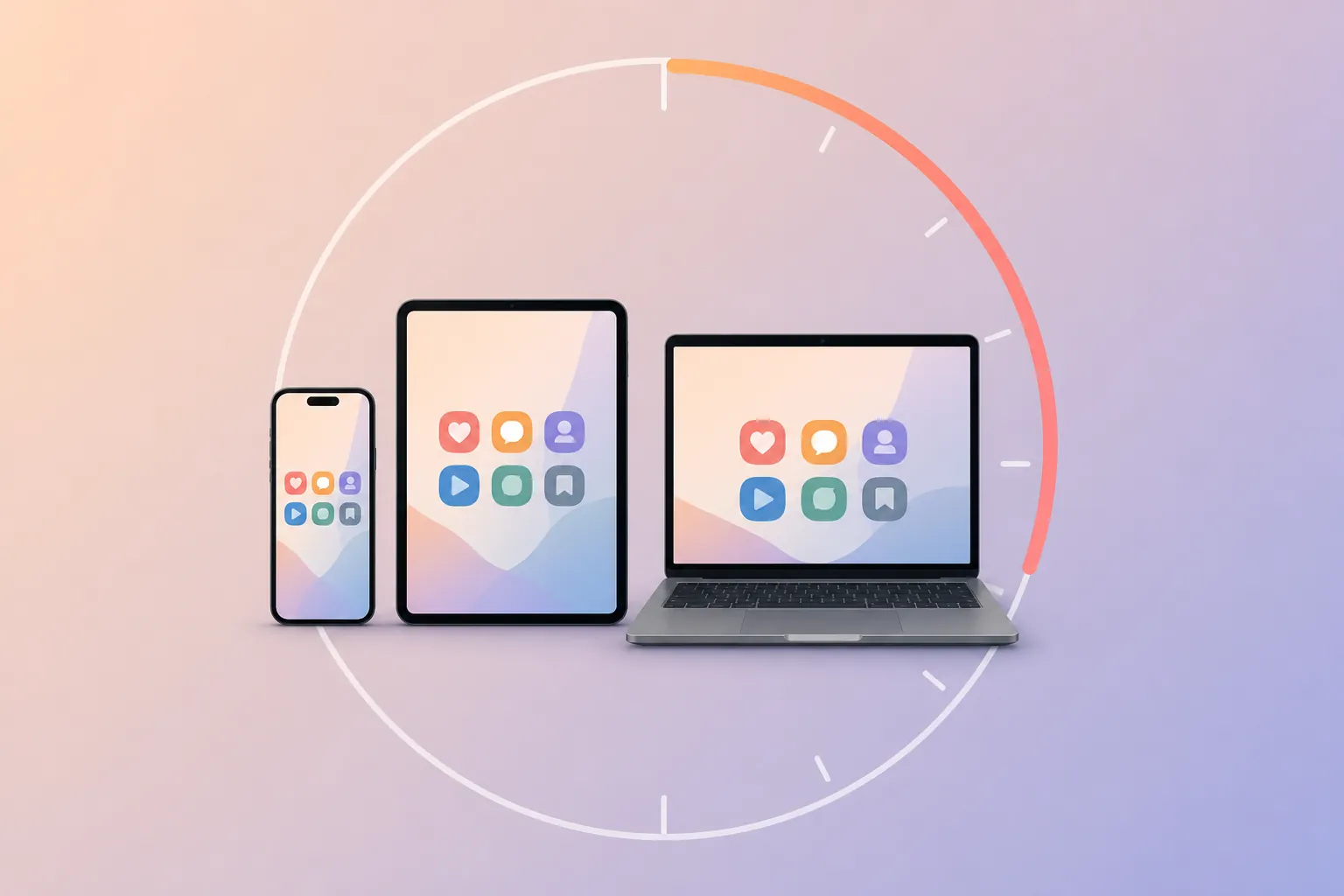 A phone, tablet, and laptop enclosed by one shared countdown ring