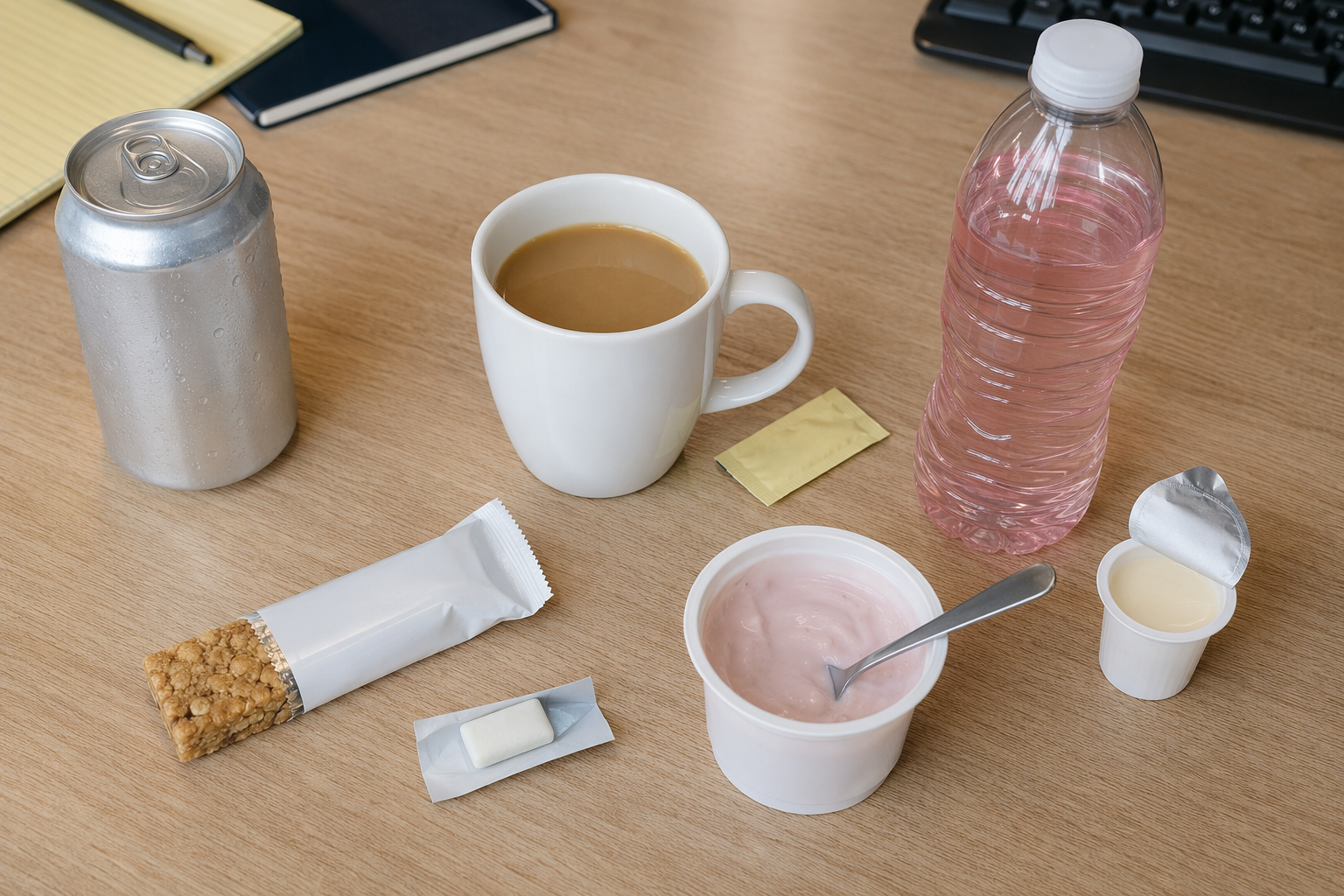 Workday items that may contain artificial sweeteners, including diet soda, coffee sweetener, yogurt, gum, flavored water, and low-calorie creamer