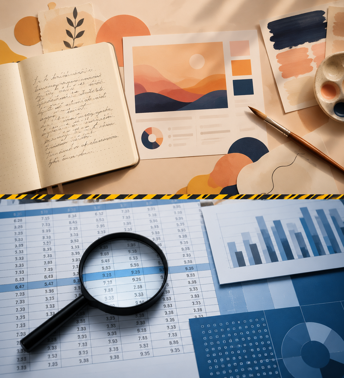 Creative document and presentation materials contrasted with a spreadsheet grid under review