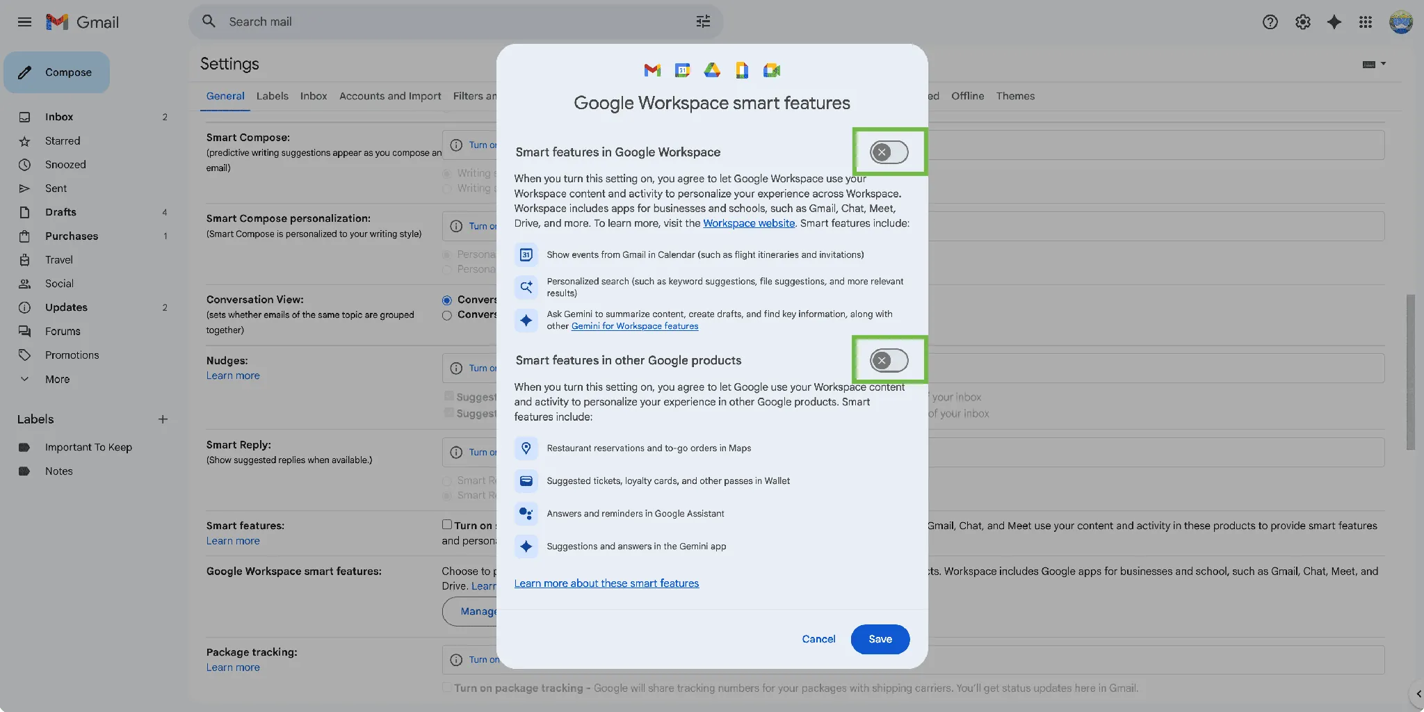 Gmail settings screenshot showing Google Workspace smart features switched off