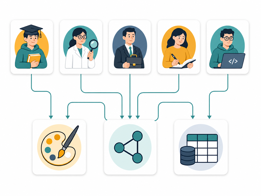 A flat vector decision flowchart on a light background with five persona icons — graduation cap, magnifying glass, briefcase, pen, and brackets — connected by teal branching arrows downward to three tool category icons: a canvas icon, a linked-nodes icon, and a database grid icon.