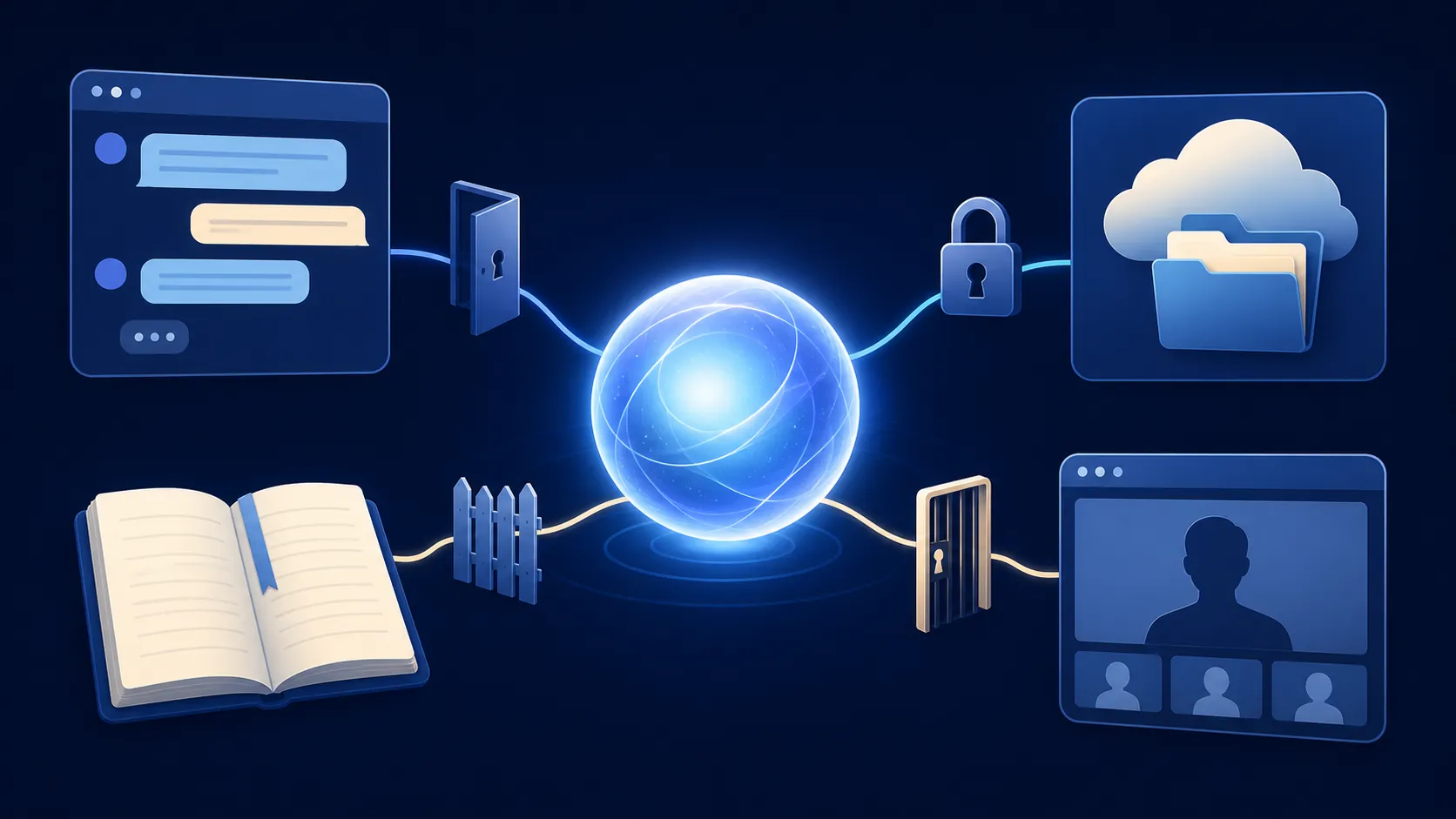 AI assistant connected to chat, cloud storage, notebook, and meeting panels through access gates