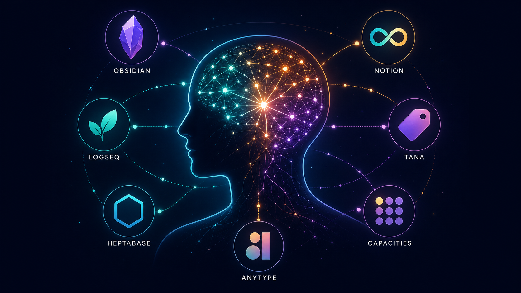 A dark navy editorial illustration showing a human silhouette with a glowing neural network of teal, orange, and purple nodes inside the head, connected by radiating lines. Around the silhouette float small app-style icons representing PKM tools.