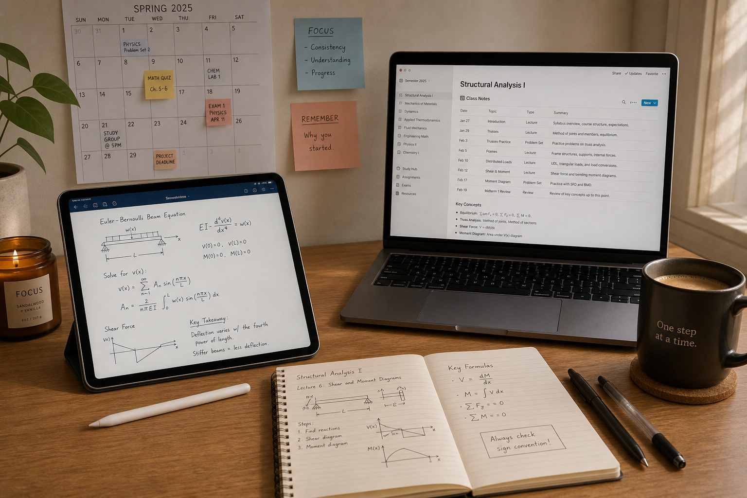 A warm-toned flat-lay study desk with an iPad showing handwritten STEM equations, an Apple Pencil, a laptop displaying a digital notes interface, a physical notebook, and a coffee mug.